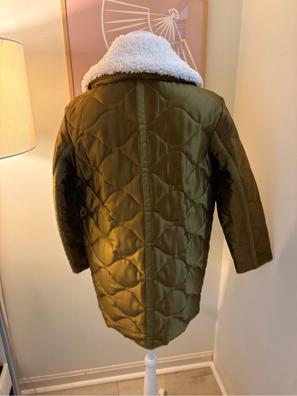 J. Crew Olive Green Quilted Puffer with White Sherpa Collar - Picture 3 of 6